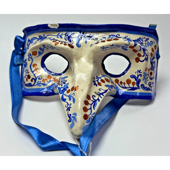 Vintage Venetian Carnival Paper Maché Blue White Hand Painted Mask Italy Venice - Picture 1 of 5